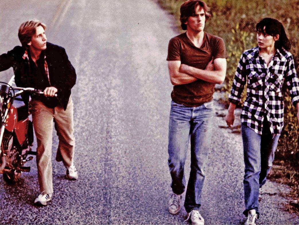 Emilio Estevez, Matt Dillon, and Meg Tilly on the set of Tex.